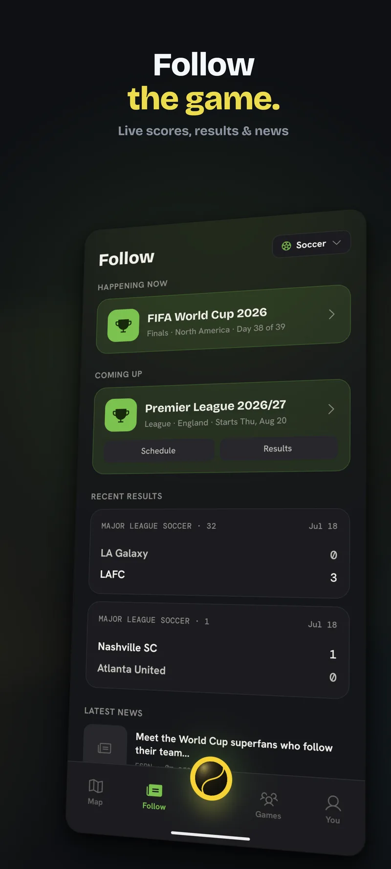 Follow tab: live scores, tournaments and sport news