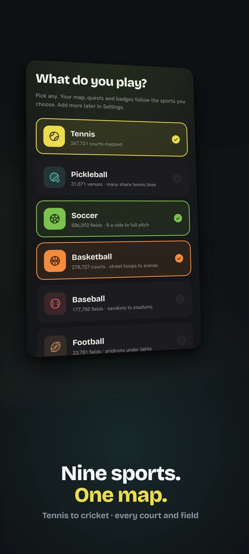 Sport picker: choose the sports your map follows